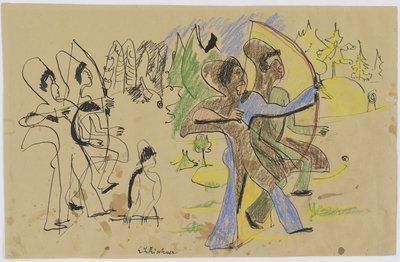 Łucznicy, ok. 1935 (pióro i kreda na brązowym papierze) autorstwa Ernst Ludwig Kirchner