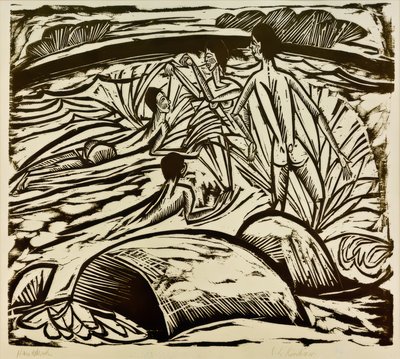 Kąpiący się, pluskanie autorstwa Ernst Ludwig Kirchner