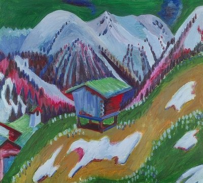 Krajobraz górski z chatką alpejską. Około 1922 r. autorstwa Ernst Ludwig Kirchner