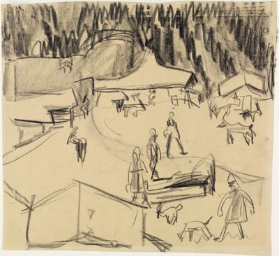 Górska wioska (Staffelalp) z pasterzami i kozami autorstwa Ernst Ludwig Kirchner