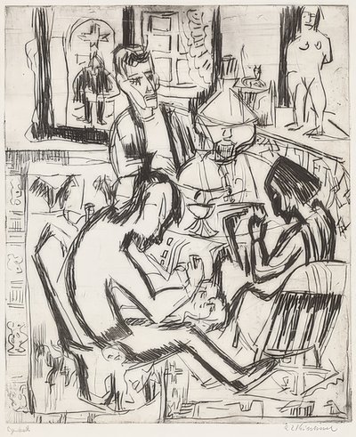 Wnętrze z ludźmi. 1923 autorstwa Ernst Ludwig Kirchner