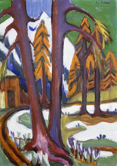 Górska wczesna wiosna z modrzewiem; Berg-Vorfruhling z Larchen, ok. 1921-1923 autorstwa Ernst Ludwig Kirchner