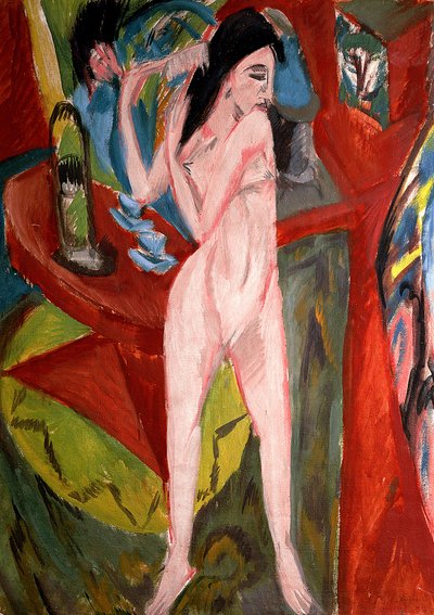 Naga kobieta czesząca włosy autorstwa Ernst Ludwig Kirchner