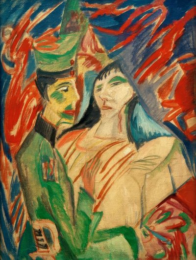 Żołnierz i dziewczyna między kolorowymi zasłonami autorstwa Ernst Ludwig Kirchner