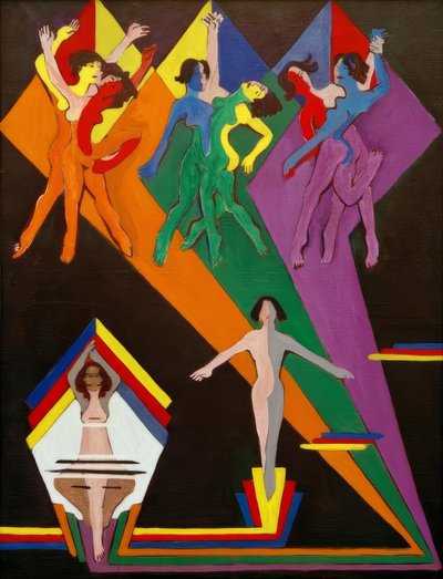 Tańczące dziewczyny w kolorowych promieniach autorstwa Ernst Ludwig Kirchner