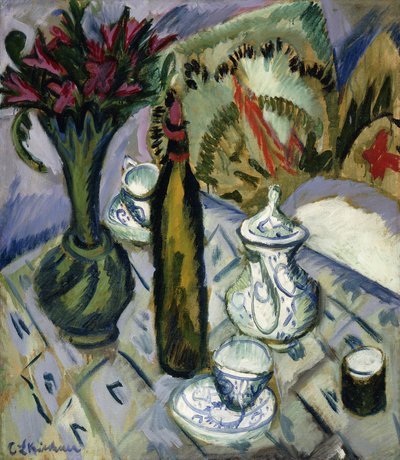 Czajnik, Butelka i Czerwone Kwiaty; Czajnik, butelka i czerwone kwiaty, 1912 autorstwa Ernst Ludwig Kirchner