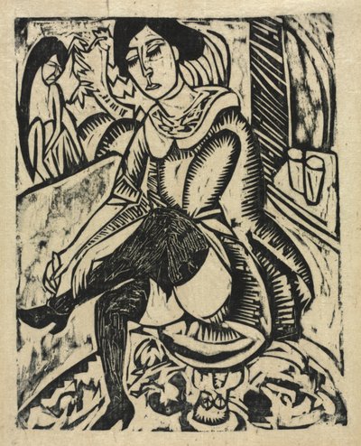 Kobieta zakładająca buty autorstwa Ernst Ludwig Kirchner