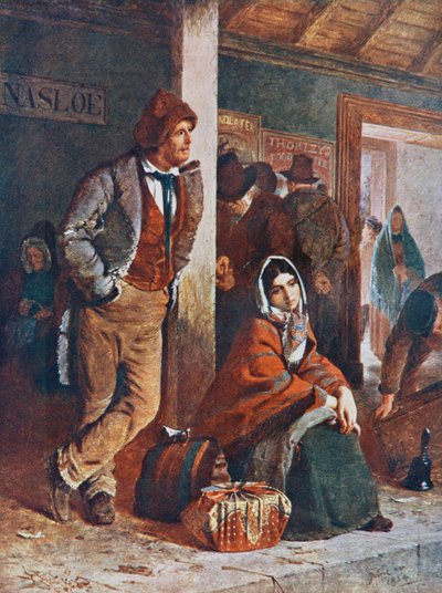 Irlandzcy emigranci na stacji Ballinasloe w drodze do Galway w Irlandii, aby wsiąść na statki do Ameryki w XIX wieku, według obrazu Erskine Nicol. autorstwa Erskine Nicol