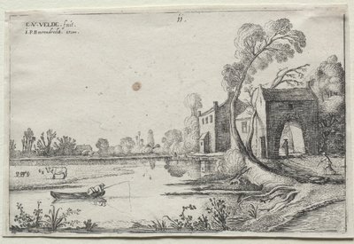 Krajobraz z rzeką i bramą autorstwa Esaias van de Velde