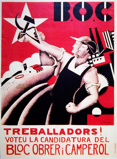 Plakat wyborczy Bloc Obrer i Camperol (BLOC) c.1935 autorstwa Estenka Estenka