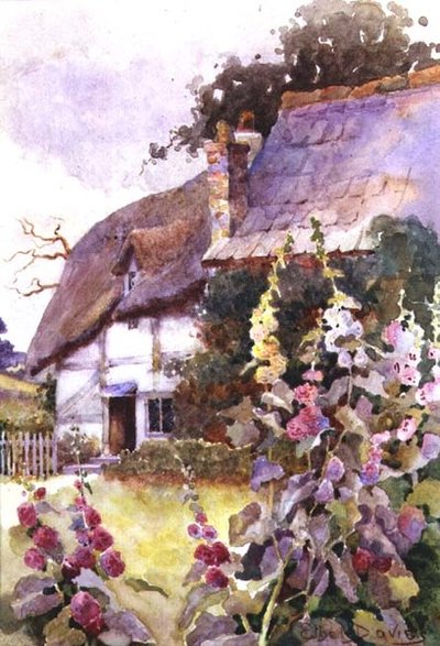 Malwy przed domkiem krytym strzechą (akwarela) autorstwa Ethel Davies