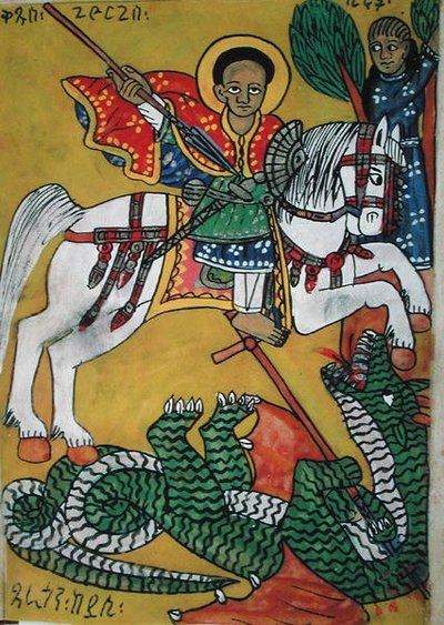 W.951 fol.78r Św. Jerzy i Smok, z „Cudów Najświętszej Maryi Panny” (welin) autorstwa Ethiopian School