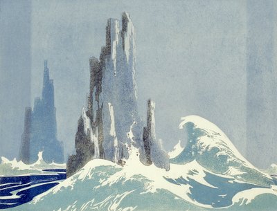 Cathedral Rocks, Tasmania, 1939 (linoryt) autorstwa Ethleen Palmer