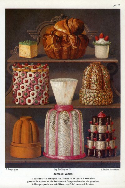 Ciasta różne: brioche, lack, kotły z pastą migdałową zwieńczone śmietaną i truskawkami, croquenbouche de genoise, nugat paryski, biszkopt, sułtan, bretoński – płyta nr 2 z Księgi Cukierni Julesa Gouffe, oficer de bouche du Jockey-Club de Paryż (ch autorstwa Etienne (after) Ronjat