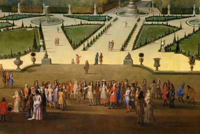 Promenada Ludwika XIV (1638-1715) z widokiem na północny parter w ogrodach Wersalu Detal. Obraz Etienne