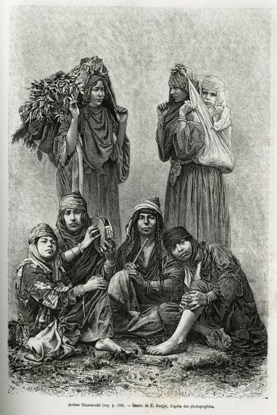 Arabowie Ghawarineh, koczownicy z basenu Morza Martwego. Grawer autorstwa E.Ronjata, aby zilustrować historię dzisiejszej Syrii, autorstwa M.Lorteta, dziekana Wydziału Lekarskiego w Lyonie, któremu Ministerstwo Edukacji Publicznej powierza misję naukową, o autorstwa Etienne Antoine Eugene Ronjat