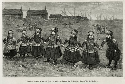 Tańce dziecięce w Marken (Holandia), rycina według rysunku E.Ronjata, ilustrująca historię Neerlande, autorstwa Charlesa de Coster, w 1878 r., opublikowana w tour du monde, pod kierunkiem Edouarda Chartona autorstwa Etienne Antoine Eugene Ronjat