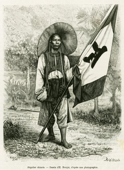 Chińska reguła. Grawer E.Ronjata, po fotografii, aby zilustrować historię Trente mois au Tonkin w 1884 r., autorstwa doktora Hocquarda, in le tour du monde 1889, w reżyserii Edouarda Chartona (1807-1890), Hachette, Paryż. autorstwa Etienne Antoine Eugene Ronjat