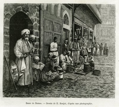 Bazar w Damaszku. Grawerowanie E.Ronjata, aby zilustrować historię La Syria d