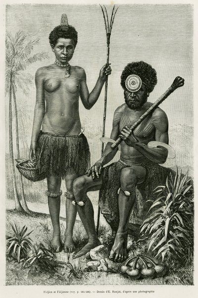 Para z Fidżi. Grawer E.Ronjata ilustrujący opowiadanie Promenades en Oceanie, autorstwa Aylica Marin, in le tour du monde 1887, w reżyserii Edouarda Chartona (1807-1890), Hachette, Paryż. autorstwa Etienne Antoine Eugene Ronjat