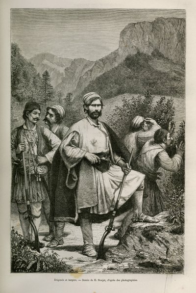 Greccy zbójcy i pasterze, wspólnicy w górach, rysunek E.Ronjata, ilustrujący historię Henri Belle: Podróż do Grecji autorstwa Etienne Antoine Eugene Ronjat