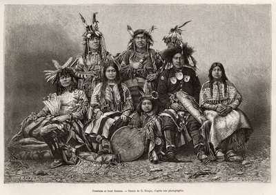 Indyjscy wojownicy i ich żony (Teksas). Grawer na podstawie rysunku E.Ronjata, aby zilustrować historię La conquete blanche, autorstwa Williama Hepwortha Dixona, w 1875 r., opublikowany w „” Le tour du monde””” 1876, pod redakcją Edouarda Chartona, wydanie autorstwa Etienne Antoine Eugene Ronjat