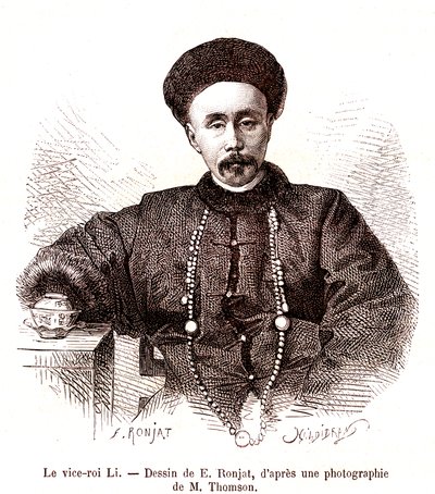 Li Hongzang, wicekról Zhili, na dworze cesarskim Chin. 1873 (grawerowanie) autorstwa Etienne Antoine Eugene Ronjat
