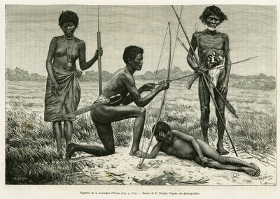 Negritos z góry Yriga. Grawerowanie autorstwa E.Ronjata ilustrujące historię Lucon i Palaouan, sześć lat na Filipinach, Alfreda Marche (1844-1898), in le tour du monde 1886, reżyseria Edouard Charton (1807-1890), Hachette, Paryż. autorstwa Etienne Antoine Eugene Ronjat