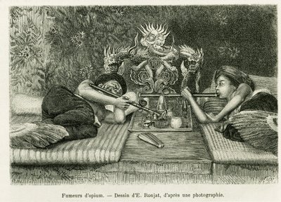 Palacze opium. Grawer E.Ronjata, po fotografii, aby zilustrować historię Trente mois au Tonkin w 1884 r., autorstwa doktora Hocquarda, in le tour du monde 1889, w reżyserii Edouarda Chartona (1807-1890), Hachette, Paryż. autorstwa Etienne Antoine Eugene Ronjat