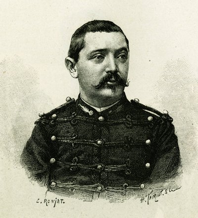 Portret kapitana Pietriego z artylerii morskiej podczas wyprawy do Afryki 1879-1882 pod dowództwem Gallieniego. Grawer E. Ronjata, z fotografii, ilustrujący historię „Exploration du Haut Niger (Haut Niger)” (dzisiejsze Mali) autorstwa autorstwa Etienne Antoine Eugene Ronjat