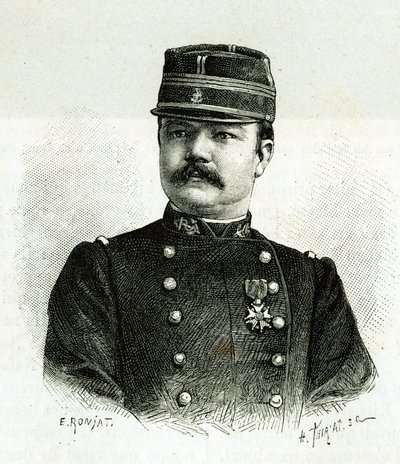 Portret kapitana Valliere z piechoty morskiej, podczas wyprawy do Afryki pod dowództwem Gallieniego. Grawer E.Ronjata, po fotografii, ilustrujący historię „Exploration du Haut Niger (Haut Niger)” (dzisiejsze Mali) Komandora autorstwa Etienne Antoine Eugene Ronjat