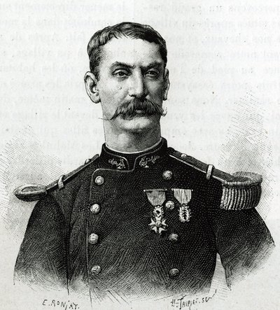 Portret komandora Josepha Gallieniego podczas wyprawy do Afryki (1879-1882). Grawer E. Ronjata po fotografii, ilustrujący opowiadanie „Exploration du Haut Niger (Haut Niger)” (dzisiejsze Mali) przez komandora Josepha Gallieniego (1849-1916) autorstwa Etienne Antoine Eugene Ronjat