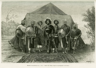 Portret księcia Menelika II z Etiopii (1844-1913), w otoczeniu generałów. Grawer autorstwa Ronjata, po zdjęciu, ilustrujący historię Voyage au Choa (Abyssinie meridionale) autorstwa Etienne Antoine Eugene Ronjat