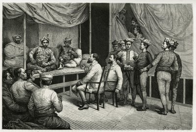 Przyjęcie podróżnych w pałacu sułtana Soulou (lub Sulu) (archipelag Filipin), Mohammed Yamalul Alam. Grawer autorstwa E.Ronjata, aby zilustrować historię „”Podróż na Filipiny”” autorstwa Etienne Antoine Eugene Ronjat