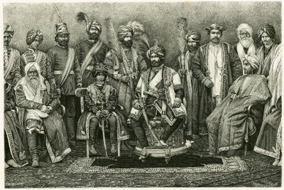 Kaszmirski maharadża, Rambhir Sing i jego dwór. Grawer autorstwa E. Ronjata, ilustrujący historię „Portret paryżanki w Himalajach Zachodnich”, w 1881 r. autorstwa Marie de Ujfalvy-Bourdon (Ujfalvy Bourdon). Opublikowano w Tour du monde, 2 semestr autorstwa Etienne Antoine Eugene Ronjat