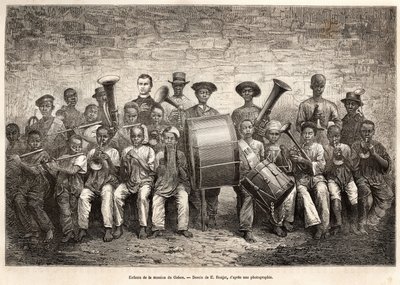 Zespół dzieci misji Gabon. Rycina według rysunku E.Ronjata, dla zilustrowania rejsu po wybrzeżu Afryki, autorstwa wiceadmirała Fleuriot de Langle, w 1868 r., opublikowana w „Le tour du monde” 1876, pod redakcją Edouarda Chartona, Hachet autorstwa Etienne Antoine Eugene Ronjat