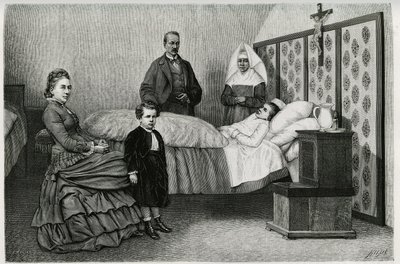 Konsultacja lekarska w hospicjum Logelbach. Grawer E.Ronjata, ilustrujący opowieść „Przez Alzację i Lotaryngię””, w 1884 r. autorstwa Charlesa Grada (1842-1890), niemieckiego zastępcy, pisarza i przyrodnika. Opublikowano w Le Tour du monde, nouveau journal autorstwa Etienne Antoine Eugene Ronjat