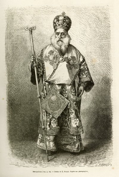 Metropolita wigilijna nowej katedry w Atenach. Grawer na podstawie rysunku E.Ronjata, dla zilustrowania podróży do Grecji, Henri Belle, w latach 1861-1868-1874, opublikowany w „” Le tour du monde””” 1876, pod redakcją Edouarda Chartona, wyd. Hachette, autorstwa Etienne Antoine Eugene Ronjat