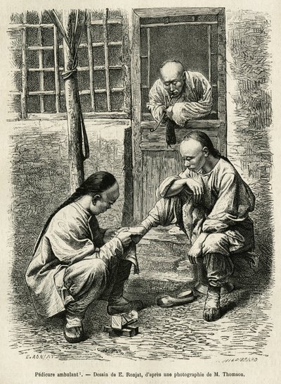 Pedicure spacerowy, powszechna scena codziennego życia w chińskich miastach. Grawer na podstawie rysunku E.Ronjata, dla zilustrowania podróży do Pekinu i północnych Chin, T.Choutze, w 1873, opublikowany w „Le tour du monde”” 1876, pod redakcją Edouarda Cha autorstwa Etienne Antoine Eugene Ronjat