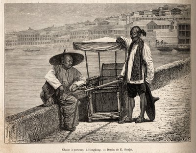 Dwóch tragarzy odpoczywa obok swojego wózka inwalidzkiego w Hongkongu, grawerowanie według rysunku E. Ronjata ilustrującego podróż do Chin, autorstwa J. Thompsona, w latach 1870-1872, opublikowany w „Le tour du monde”” 1875, pod redakcją Edouard Charton, w autorstwa Etienne Antoine Eugene Ronjat