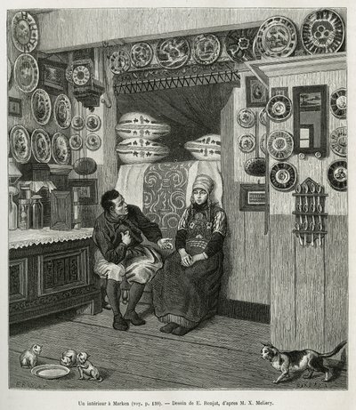 Un interieur à Marken (Pays Bas), rycina według rysunku E.Ronjata, ilustrująca historię Neerlande, autorstwa Charlesa de Coster, w 1878 r., opublikowana w tour du monde, pod kierunkiem Edouarda Chartona autorstwa Etienne Antoine Eugene Ronjat