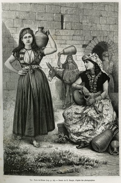Kobiety niosące dzbany w pobliżu studni Hirama w Tyrze. Grawer E.Ronjata, aby zilustrować historię La Syria d
