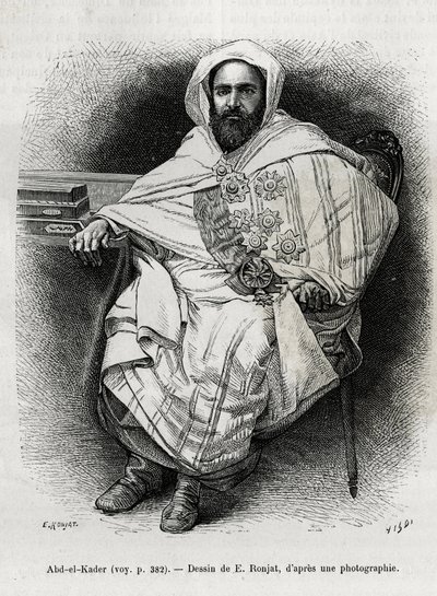 portret Abd El Kadera (1808-1883) algierskiego emira i sułtana, sufickiego teologa, polityka i wojskowego oporu wobec francuskiej armii kolonialnej, a także pisarza, poety i filozofa. Grawerowanie E.Ronjata, aby zilustrować historię La Syria d