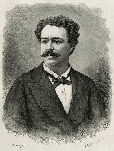 portret autora i podróżnika Edmondo de Amicis (1846-1908), włoskiego pisarza, rycina E.Ronjata, ilustrująca historię Maroka autorstwa Edmondo de Amicis, w 1875 r., opublikowana w tour du monde, pod kierunkiem Edouarda Charton autorstwa Etienne Antoine Eugene Ronjat