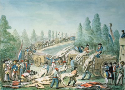 Transport zwłok podczas rewolucji, ok. 1790 (pióro, tusz i gwasz na papierze) autorstwa Etienne Bericourt