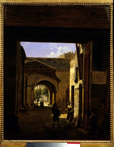 Dziedziniec domu napędowego przy rue Saint Denis, znany jako dziedziniec sceny Świętej Katarzyny w 1. dzielnicy Paryża. Obraz Etienne Bouhot (1780-1862) 1832 Nd. 0,27x0,22 m Paryż, Musee Carnavalet. autorstwa Etienne Bouhot
