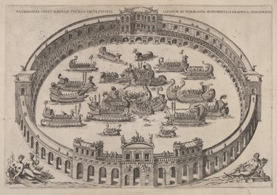 Bitwa morska rozgrywająca się na rzymskiej arenie, z rzeką Tyber i nimfami po lewej stronie..., 1577-85. autorstwa Etienne Duperac