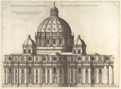 Rzymskie lustro wspaniałości: elewacja ukazująca zewnętrzną część Bazyliki św. Piotra..., 1558-61. autorstwa Etienne Duperac