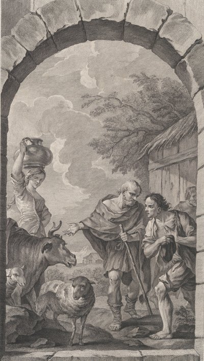 Kaplica podrzutków w Paryżu: Grupa pasterzy przed chatą, 1757. autorstwa Etienne Fessard