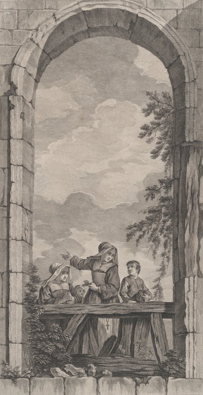 Kaplica podrzutków w Paryżu: Zakonnice i chłopcy patrzące na szopkę,..., 1757. autorstwa Etienne Fessard